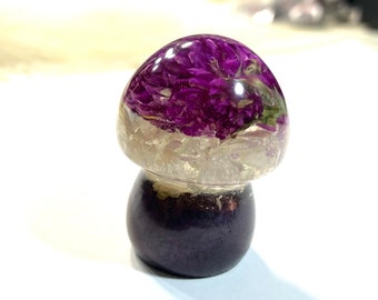 Boho Hippie Mushroom Flowers Decor Totem Statue,Purple White Lavendar Clear, @2 Inch, Resin Handmade & Painted