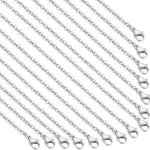 May include: A set of 12 silver chain necklaces with lobster claw clasps. Each chain is approximately 18 inches long.