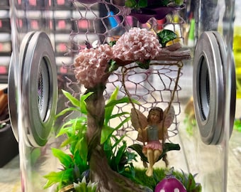 Custom Fairy Woods Swing Princess,Hides, Clear Jumping Spider Enclosure, Dual Silver Vents, Feed Hole with Stopper, Bottom Opening