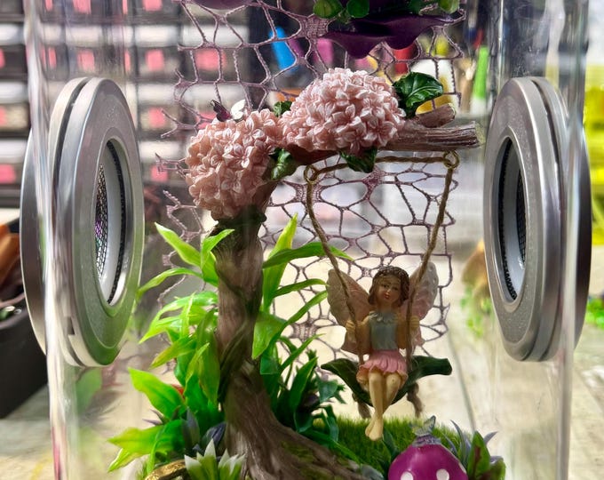 Custom Fairy Woods Swing Princess,Hides, Clear Jumping Spider Enclosure, Dual Silver Vents, Feed Hole with Stopper, Bottom Opening