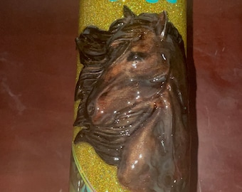20 Oz Skinny Stainless Tumbler w Lid & Straw, Gold Glitter Green Blue 3D Horse Stallion Hugger Equestrian
