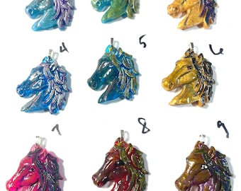 Many Color Choices! Resin 3D,  Horse Head Equestrian, Pendant @1.5 Inch Long, Medallion, Necklace