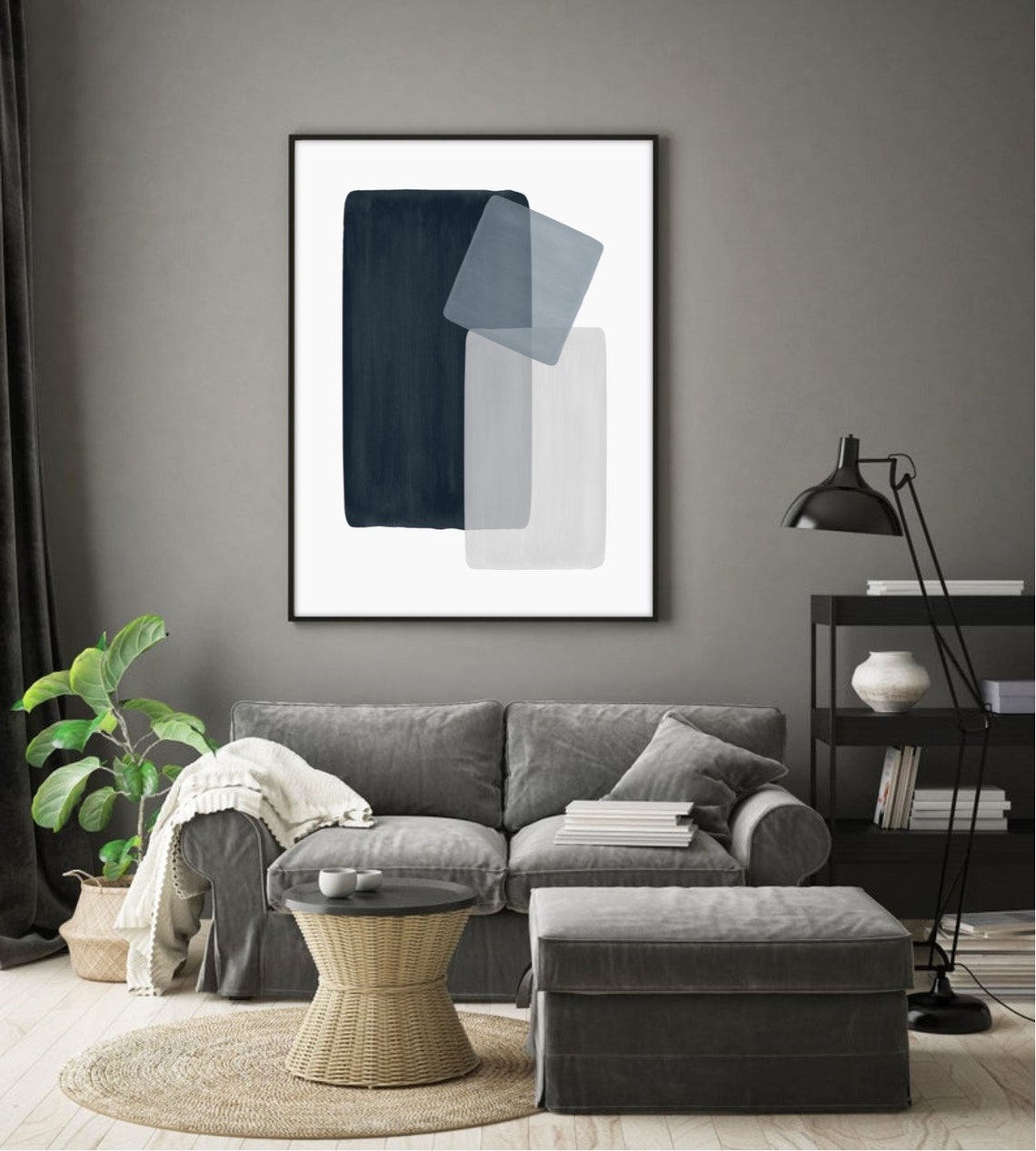 Navy Blue Gray Art PRINTABLE, Abstract Painting, Watercolor Wall Art ...