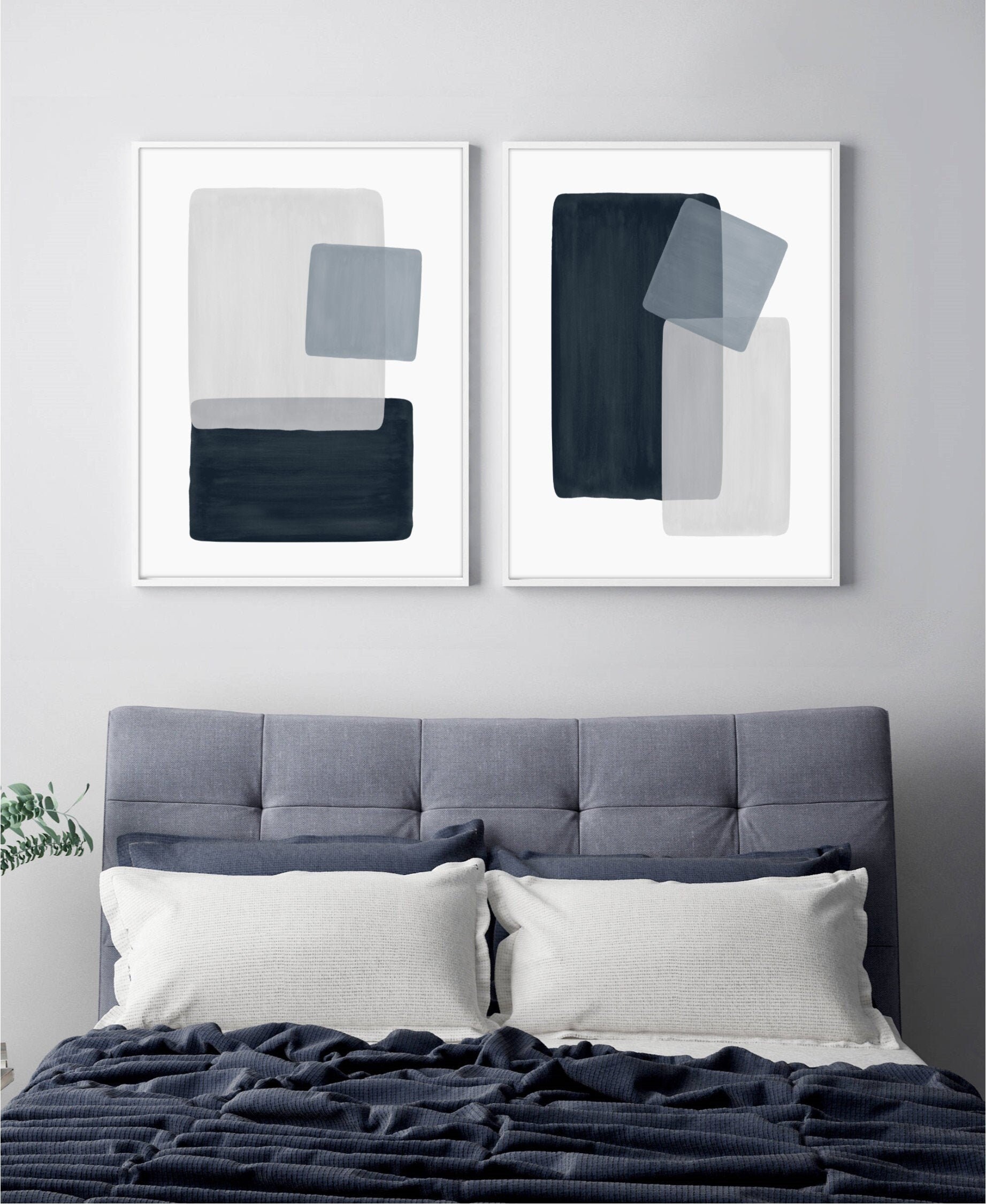 Blue Gray Abstract Art PRINTABLE Set of 2, Watercolor Brushstroke Wall Art, Living Room Large ...