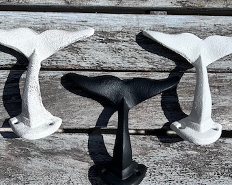 Set of 3 Cast Iron whale tail wall hooks, Beachy hook cute for towels, hats, bags, beach attire. 5" hook  1 Black / 1 White / 1 Rustic White