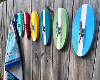 Surfboard Towel Rack, Wooden Surfboard Decor, Beach Decor, Surfboard Hooks, Beach Towel with boat cleat Hooks