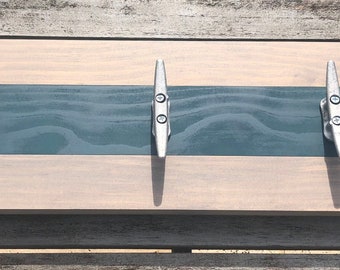 Blue and weathered gray Coastal towel Boat Coat Rack, Rack, Coat and wall hook for coats, Cleats