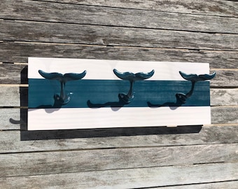 Coastal towel rack, Nautical Whale Tale Coat Rack, Towel Rack, Coat bathroom pool towel holder