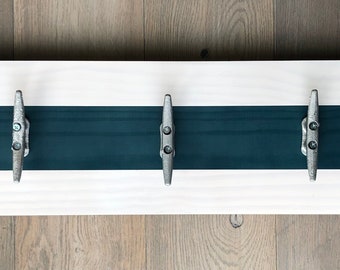 Boat Cleat Coat Rack, Nautical, Boat Cleat Towel Rack, Hat Rack, Book Bag Rack, Key Rack, Navy Blue and White