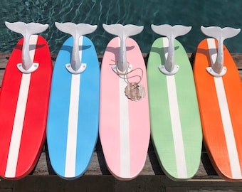 Surfboard Towel Rack, Wooden Surfboard Decor, Beach Decor, Surfboard Hooks, Beach Towel Hooks
