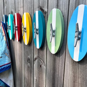 Surfboard Towel Rack, Wooden Surfboard Decor, Beach Decor, Surfboard Hooks, Beach Towel with boat cleat Hooks