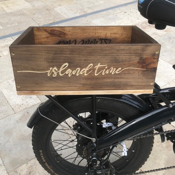 Wooden bike basket, handmade wooden crate /e-bike/lectric, Electra, bike basket, engraved bike crate carrier, vinyl crate for LPs