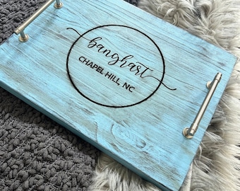 Wooden serving tray, ottoman coffee table tray. Personalized engraved. Blue washed with handles