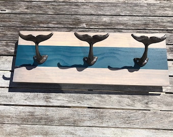 Coastal towel rack, Nautical Whale Tale Coat Rack, Towel Rack, Coat bathroom pool towel holder