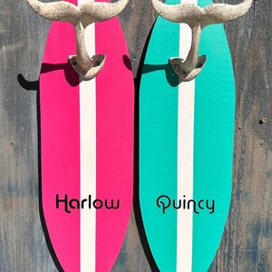 Engraved Surfboard Towel Rack, Wooden Surfboard Decor, Beach Decor, Surfboard Hooks, Beach Towel Hooks