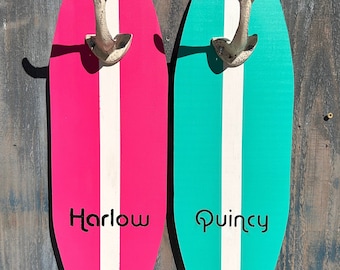 Engraved Surfboard Towel Rack, Wooden Surfboard Decor, Beach Decor, Surfboard Hooks, Beach Towel Hooks