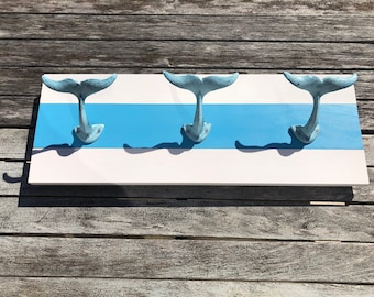 Whale tail Coat Rack,Nautical, nautical Towel Rack, Hat Rack,Book Bag Rack,Key Rack,Blue and White