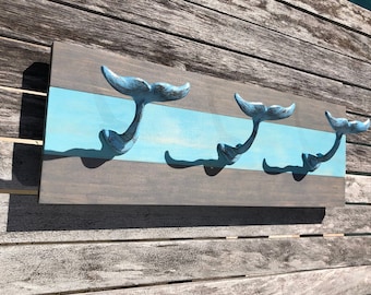 Coastal towel rack, Nautical Whale Tale Coat Rack, Towel Rack, Coat bathroom pool towel holder
