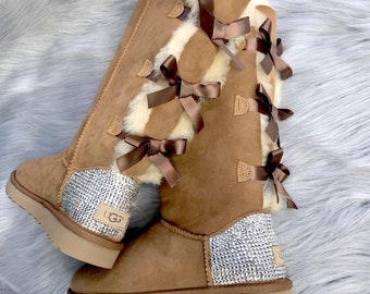 Swarovski Bling Ugg Boots Custom Swarovski Crystal Chestnut Bailey Bow Tall II