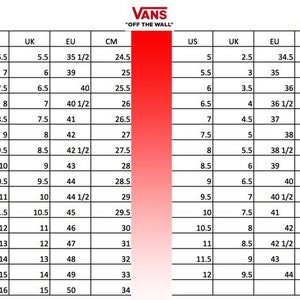 K&ouml;nnte beinhalten: Eine Gr&ouml;&szlig;entabelle f&uuml;r Vans Schuhe, die Herren- und Damen-Gr&ouml;&szlig;en in US, UK, EU und Zentimetern anzeigt.