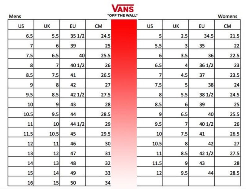 K&ouml;nnte beinhalten: Eine Gr&ouml;&szlig;entabelle f&uuml;r Vans Schuhe, die Herren- und Damen-Gr&ouml;&szlig;en in US, UK, EU und Zentimetern anzeigt.