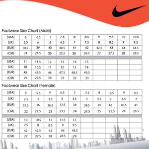 May include: A footwear size chart for men and women. The chart shows the corresponding sizes in US, UK, European, and centimeters.