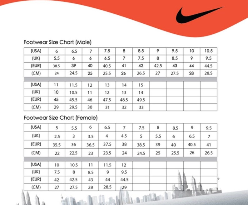 May include: A footwear size chart for men and women. The chart shows the corresponding sizes in US, UK, European, and centimeters.