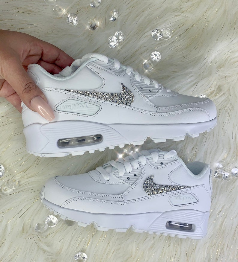nike air max 90's in white with swarovski silver crystals