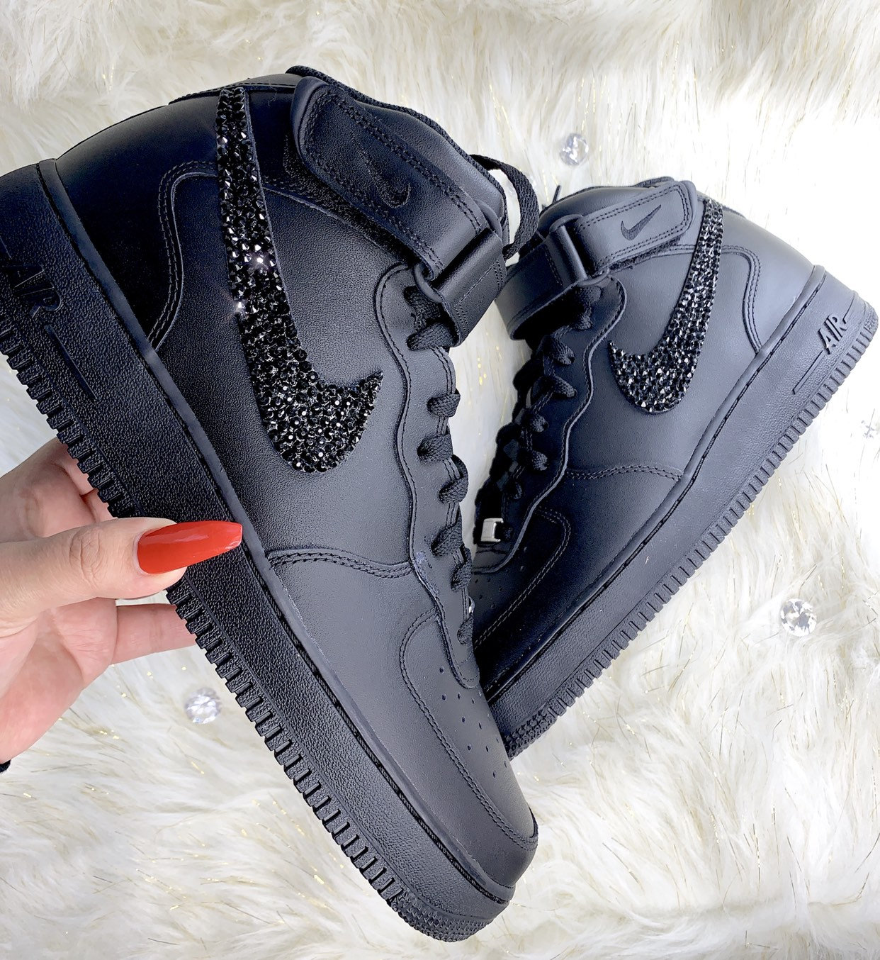 Men s Swarovski Crystal Nike Air Force One Jet Black Diamond