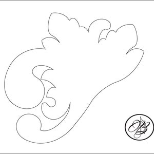 May include: A black and white line drawing of a stylized leaf with a decorative flourish. The leaf is in the shape of a stylized hand with a curved stem.