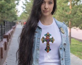 Women's Milago Cross T-shirt, Mexican Sacred Heart, Christian Holy Cross, Catholic Religious Spiritual Gift
