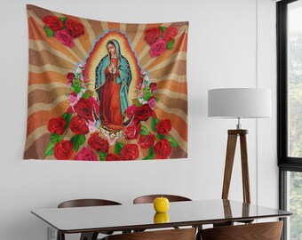 Our Lady Of Guadalupe Tapestry, Virgin Mary with Red Roses Wall Hanging, Sunburst Brown Backdrop