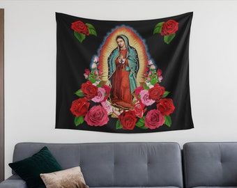 Virgin Mary Tapestry, Our Lady Of Guadalupe Black Fabric Wall Hanging