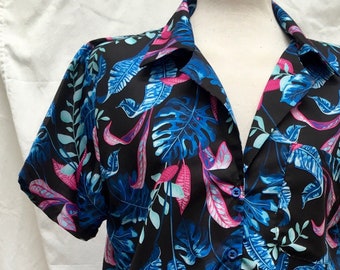 Women's Hawaiian Blouse, Button-up Shirt with Blue Pink Tropical Floral Print for the Coconut Girl Aesthetic