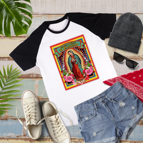 Lady of Guadalupe Raglan Tshirt, Virgin Mary Holy Card T-shirt