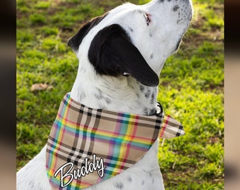 Personalized Dog Bandana with a Plaid Rainbow Tartan Design. Dog Collar Personalized Name Bandana