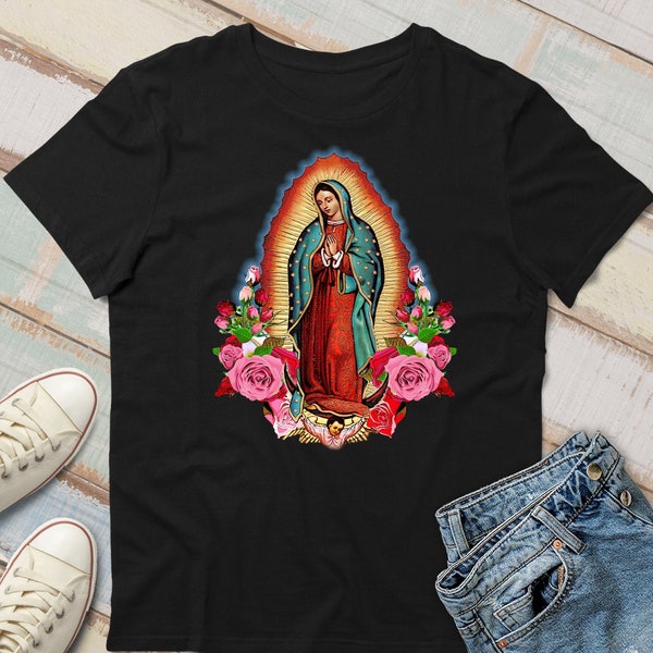 Our Lady of Guadalupe T-shirt, Holy Saint Virgin Mary with Roses
