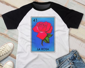 Mexican Loteria La Rosa T-shirt, Mexican Bingo Lottery Card Unisex Raglan for Adult and Kids