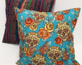 Sugar Skull and Roses Boho Throw Pillow Cover, 18" x 18" Day of the Dead Decorative Pillow Cover