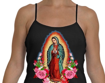 Our Lady of Guadalupe Women's Tank Top, Virgin Mary Halter Top, Mexican Icon Saint Mary with Roses on Black Shirt