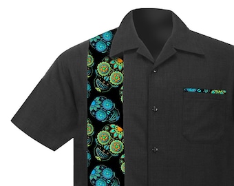 Camisa havaiana masculina com estampa de caveira mexicana, estilo retrô rockabilly para boliche.
