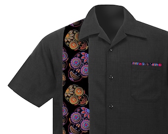 Camisa havaiana com caveiras de açúcar, camisa preta retrô rockabilly com botões