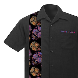 Camisa hawaiana con calaveras de azúcar, camisa negra retro rockabilly con botones