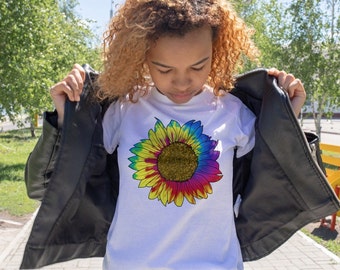 Tie Dye Sunflower Women's Tshirt, Fitted Top with Flower Design, Youth and Adult Sizes