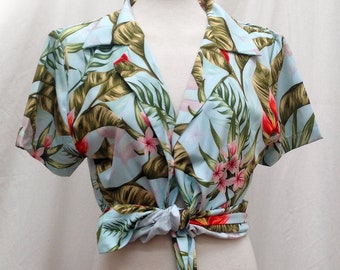 Women's Tropical Shirt with Light Green & Coral Pink Flower Print