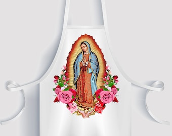 Lady of Guadalupe Apron, Virgin Mary with Roses, Gabardine Chef Apron