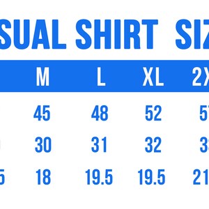 Pode incluir: Um gr&aacute;fico de tamanhos azul e branco para camisas casuais masculinas. O gr&aacute;fico lista as medidas do peito, comprimento e ombros em polegadas para os tamanhos S a 4XL. O texto "MEN'S CASUAL SHIRT SIZE CHART" est&aacute; no topo.
