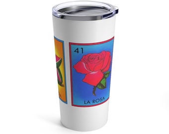 Reusable Travel Cup, Tumbler featuring Rose, Mermaid and Watermelon Mexican Loteria Cards, 20oz Mug