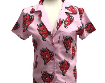 Women's Pink Shirt with Harajuku Red Devils, Fitted Tropical Hawaiian Vacation Blouse, Button Up front, Short Sleeve Fitted Top