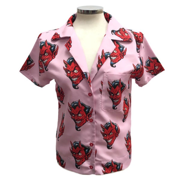 Women's Pink Shirt with Harajuku Red Devils, Fitted Tropical Hawaiian Vacation Blouse, Button Up front, Short Sleeve Fitted Top
